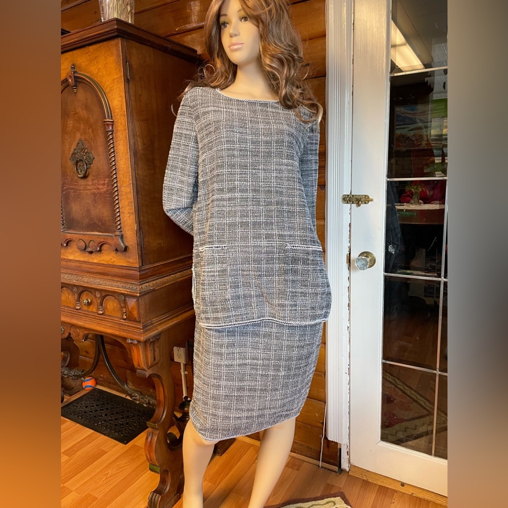 Max Studio Plaid Tweed Boucle Knit Matching Top & Skirt Suit Set Medium